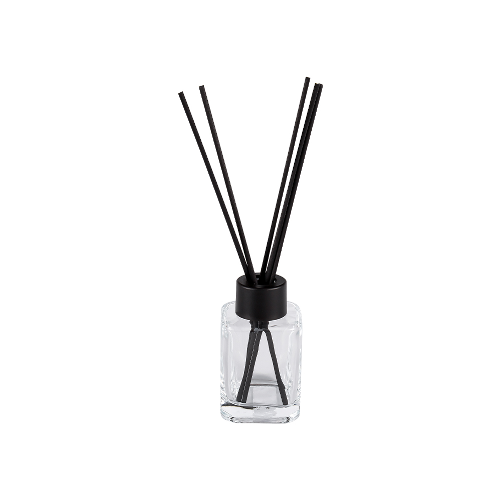 HJ-RX2248 firkantet diffuserflaske med plastikhætte med skruehals og matsort fiberklistermærke