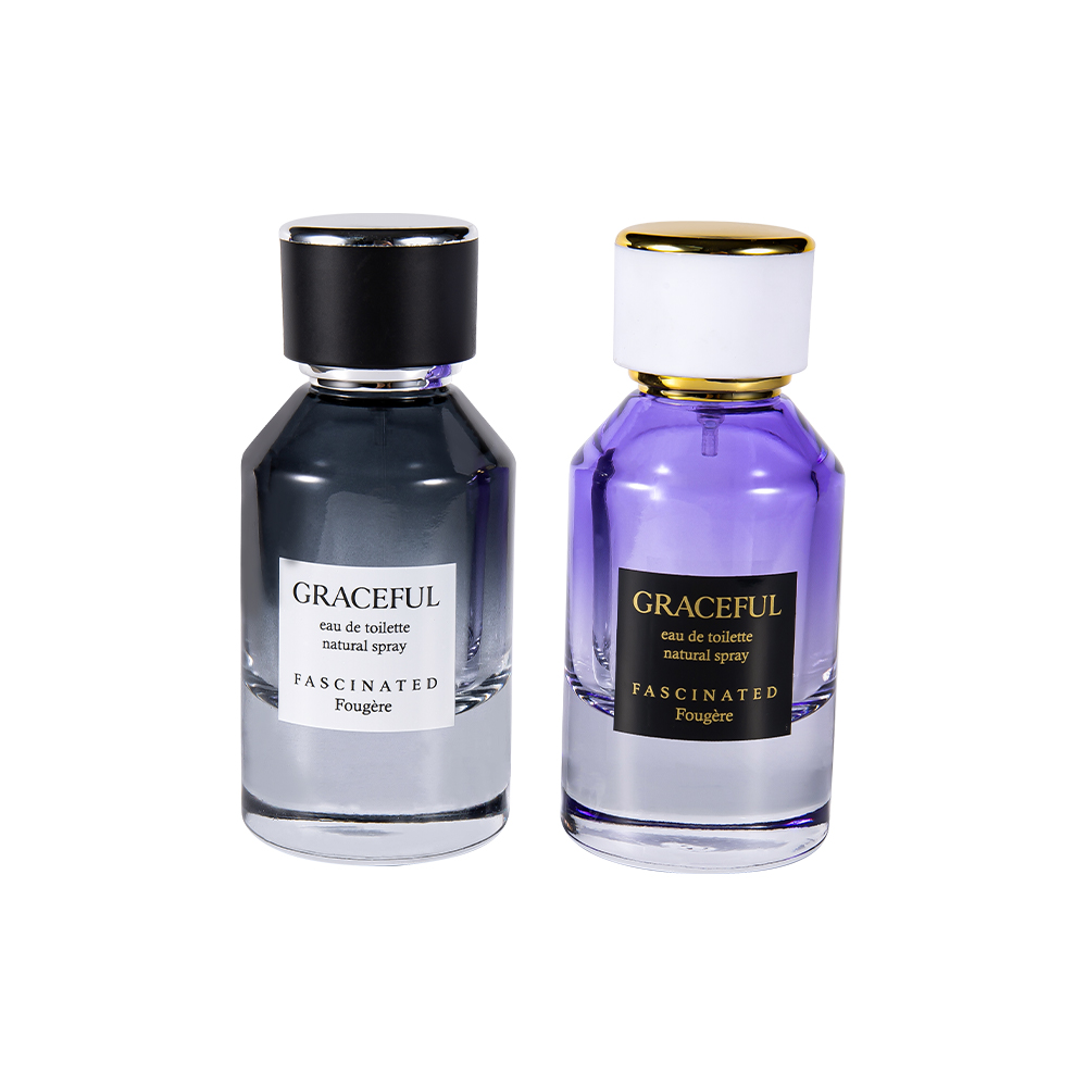 GC4416-WJ2098 50 ml belagt trykt glas parfumeflaske med læder, ABS plastikhætte, UV-sikker PP foring