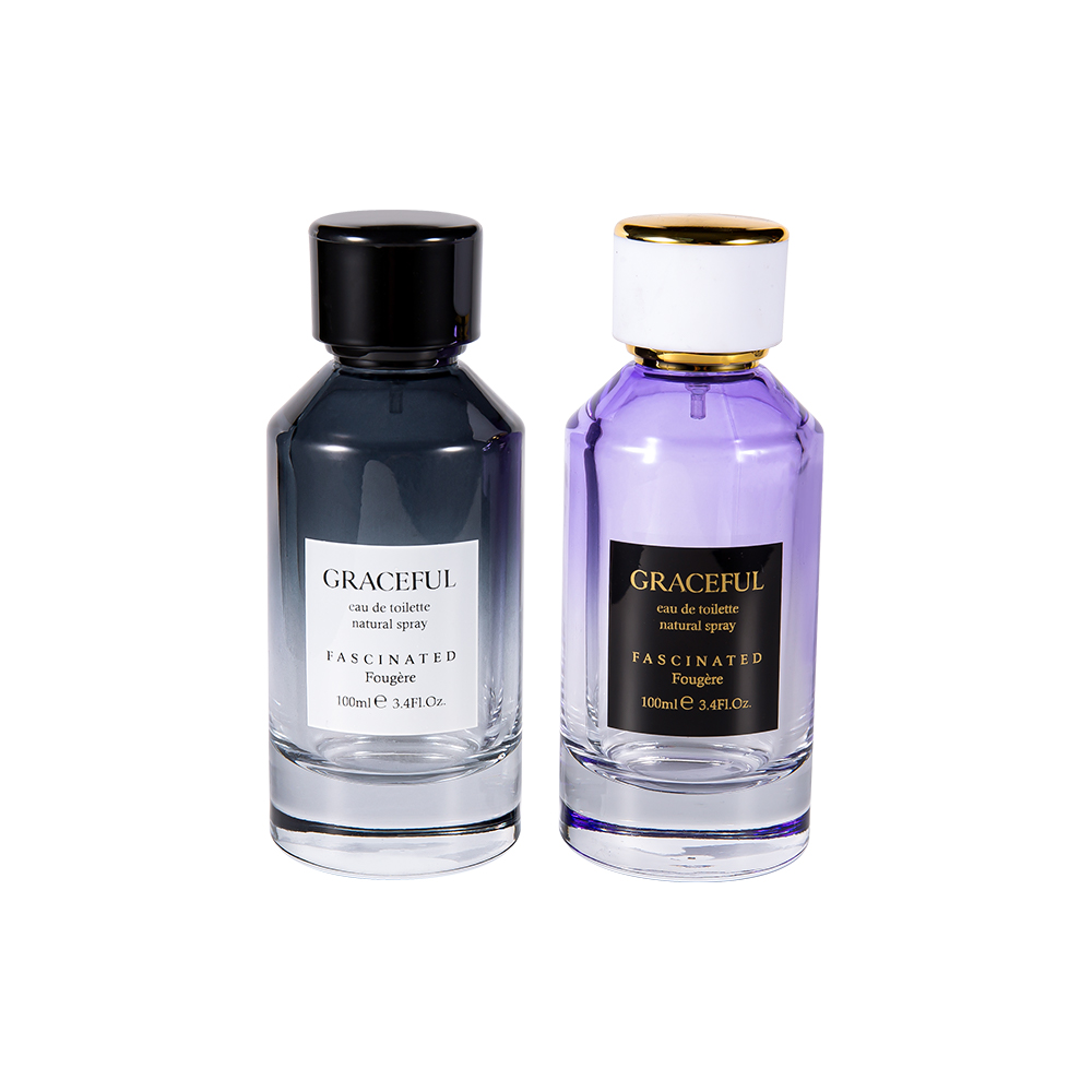 GC4418-WJ2098 100ml farvebelagt trykt glasparfumeflaske med læder ABS plastikhætte og UV PP liner