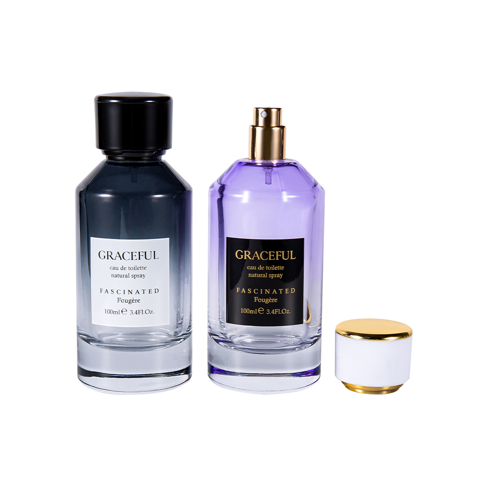 GC4418-WJ2098 100ml farvebelagt trykt glasparfumeflaske med læder ABS plastikhætte og UV PP liner