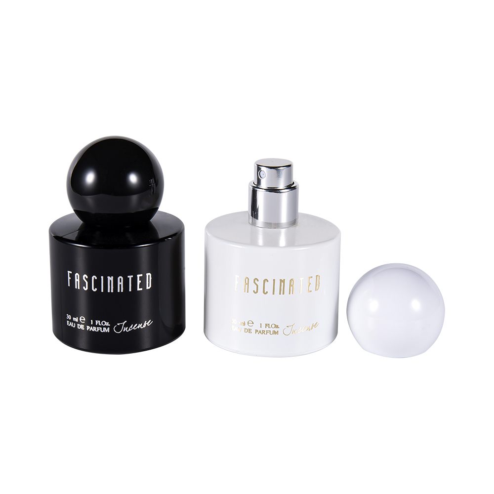 GC4748-WJ2537 30 ml cylindrisk coated guldfolie glas parfumeflaske med sfærisk ABS PP plastikhætte