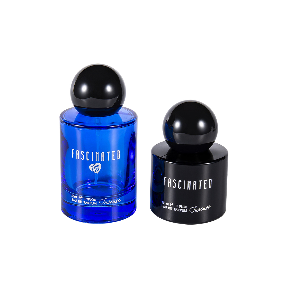 GC4749-WJ2537 50 ml cylindrisk coated guldfolie glas parfumeflaske med sfærisk ABS PP plastikhætte