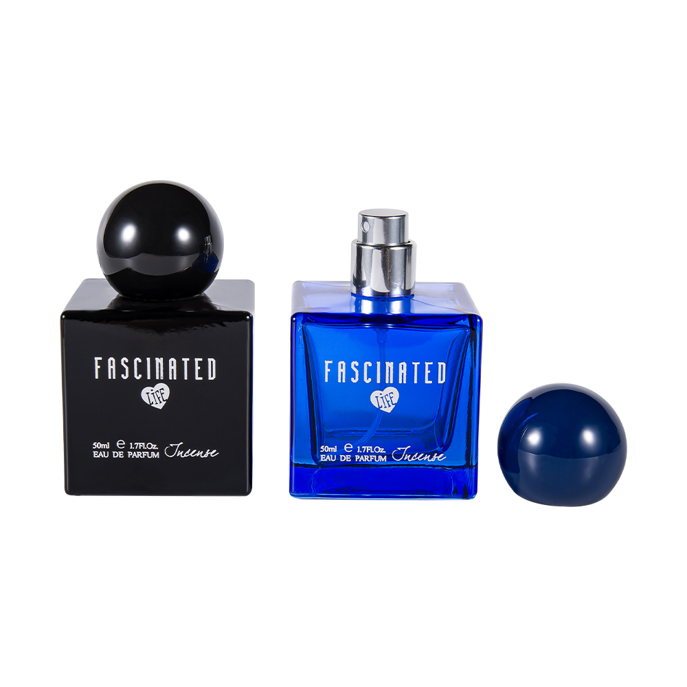 KY145-WJ2537 50ml terningfarvetrykt glasparfumeflaske med sfærisk UV-plastikhætte