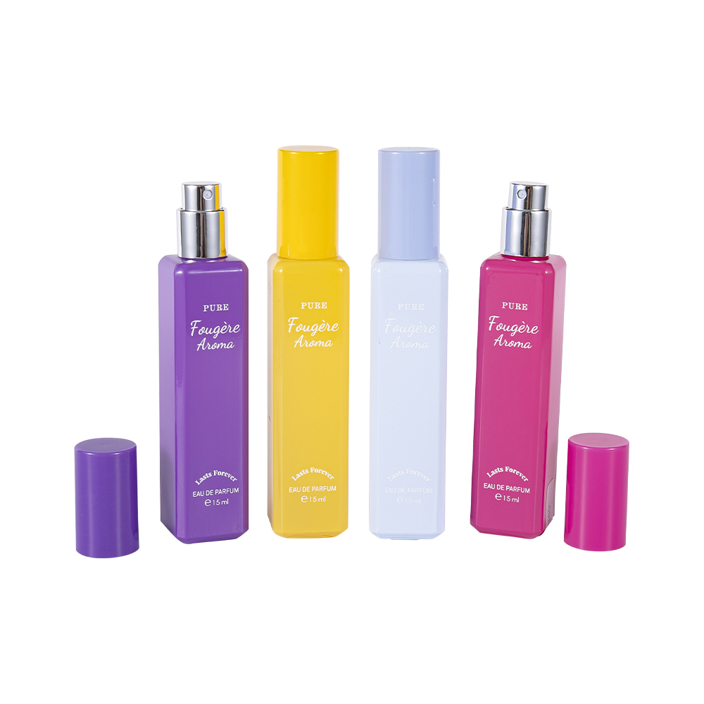 GC4222-WJ2369 15 ml belagt glasparfumeflaske med lille kapacitet med farverig PP plastikhætte