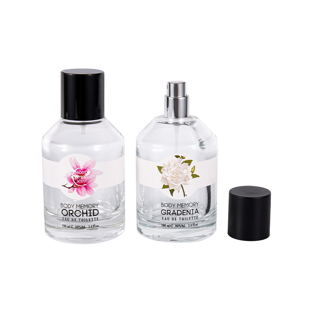 KY1603-WJ2388 100ML trykt klistermærke glasparfumeflaske med cylindrisk skinnende matsort PP-hætte