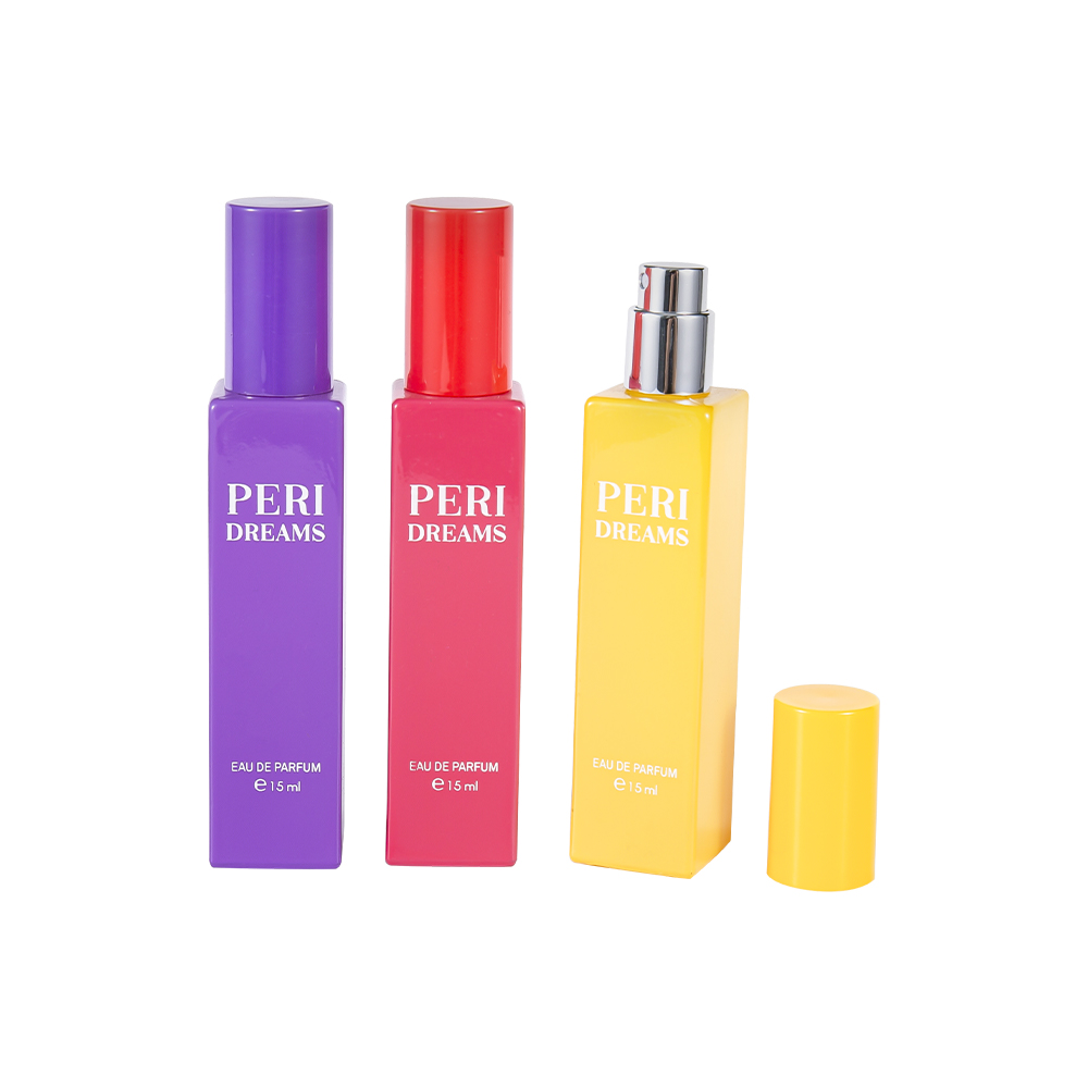 GC4421-WJ2369B 15 ML minikapacitet coated rektangulær glas parfumeflaske med cylindrisk PP låg