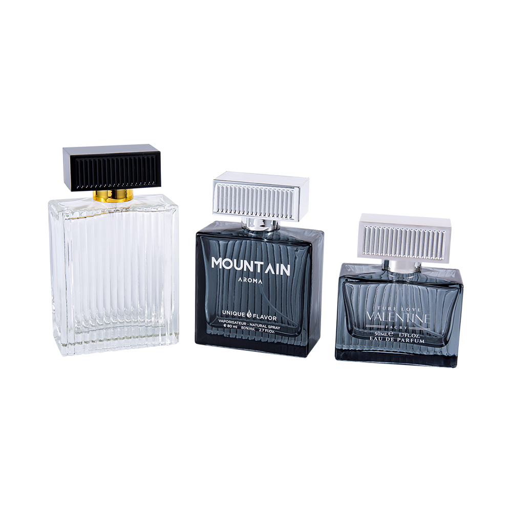 KY1112-WJ2092 100ml lodrette striber glas parfumeflaske med abs plastik dækstriber